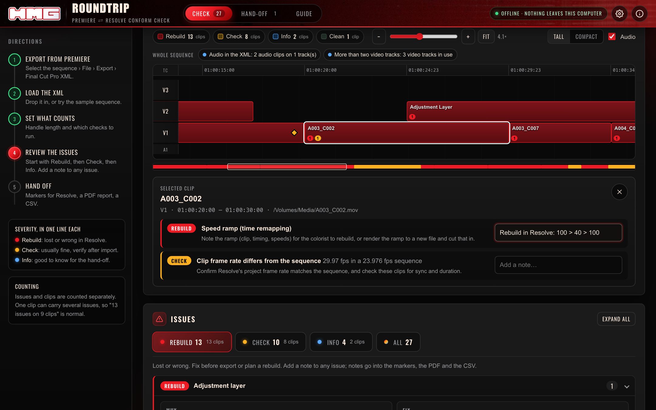 Zoomed timeline with a selected clip and its issues